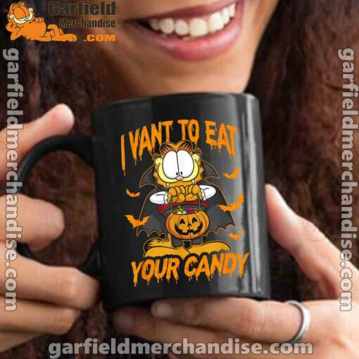 garfield halloween want to eat your candy black mug