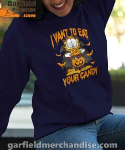 garfield halloween want to eat your candy navy women hoodies