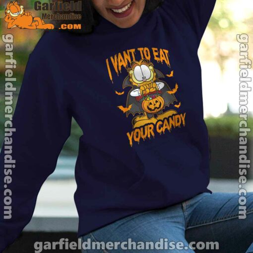 garfield halloween want to eat your candy navy women hoodies