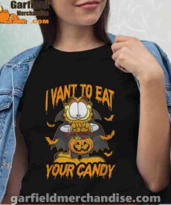 garfield halloween want to eat your candy women black shirt