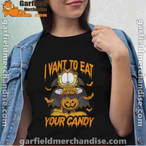 garfield halloween want to eat your candy women black shirt