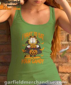 garfield halloween want to eat your candy women with green tank top