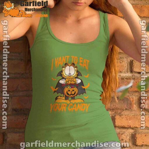 garfield halloween want to eat your candy women with green tank top