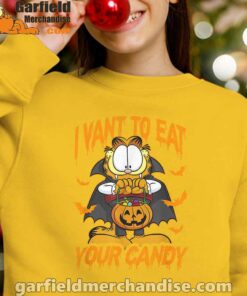 garfield halloween want to eat your candy yellow youth girl sweatshirt