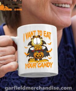 garfield coffee mug halloween want to eat your candy white