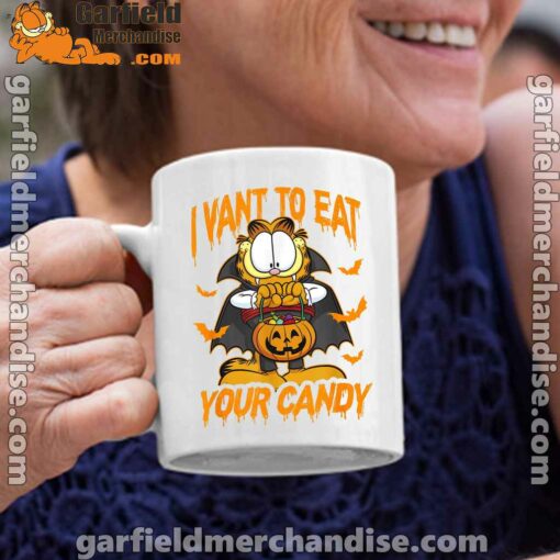 garfield coffee mug halloween want to eat your candy white