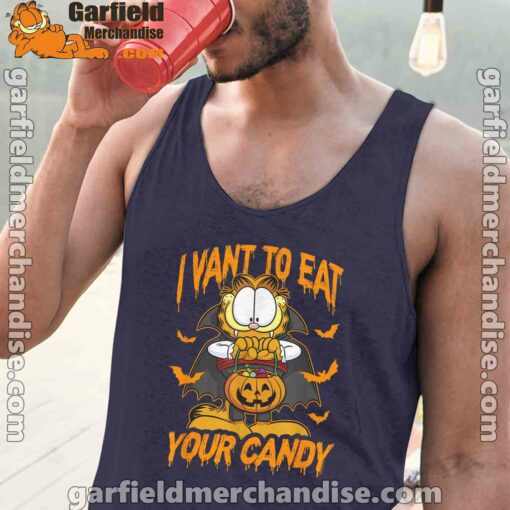 garfield halloween want to eat your candy navy tank tops with men