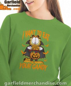 garfield halloween want to eat your candy women with green sweatshirt