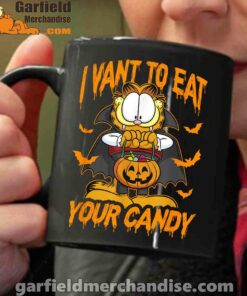 black coffee mug garfield halloween want to eat your candy