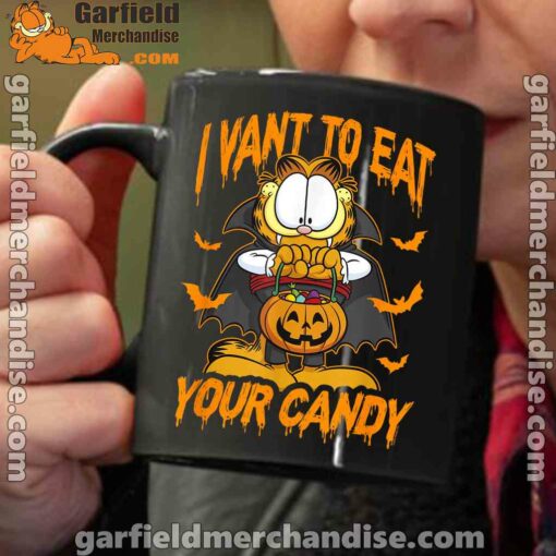 black coffee mug garfield halloween want to eat your candy