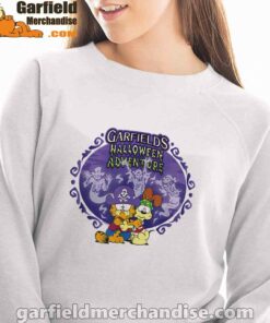 garfield halloween adventure hugging white sweatshirt women