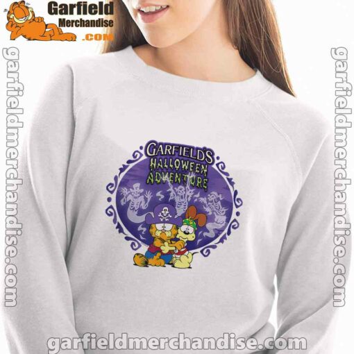 garfield halloween adventure hugging white sweatshirt women