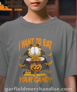 garfield halloween want to eat your candy kids girl brown tee