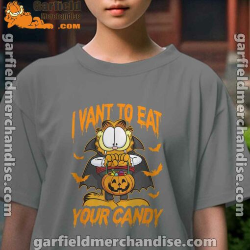 garfield halloween want to eat your candy kids girl brown tee