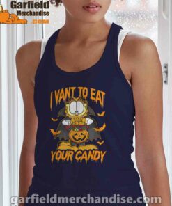 garfield halloween want to eat your candy women navy tank top