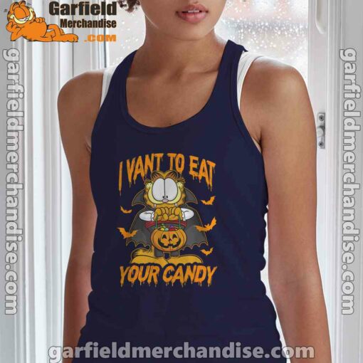 garfield halloween want to eat your candy women navy tank top