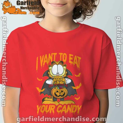 garfield halloween want to eat your candy red t shirt for youth boy