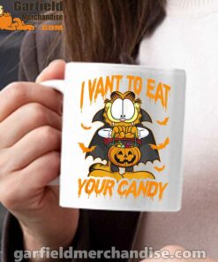 garfield halloween want to eat your candy white mug