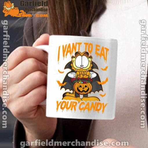 garfield halloween want to eat your candy white mug