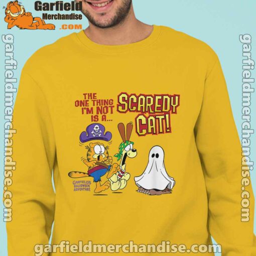 garfield scaredy cat halloween man with yellow sweatshirs