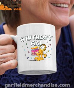 garfield birthday elebrating big chest white coffee mug