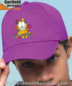 garfield in the garden purple hat