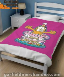 happy birthday garfield cat in town pink blanket