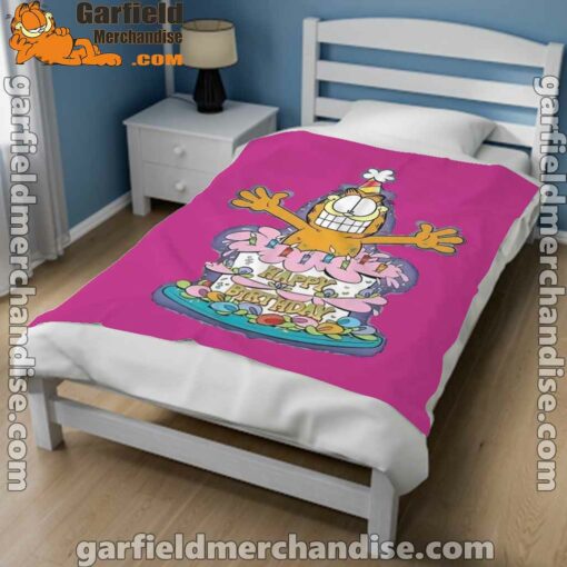 happy birthday garfield cat in town pink blanket