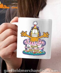 happy birthday garfield cat in town white mug