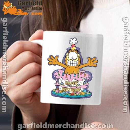 happy birthday garfield cat in town white mug