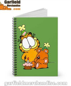 happy birthday garfield with small cake green notebook