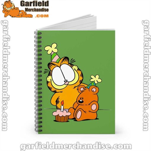 happy birthday garfield with small cake green notebook