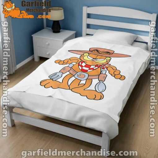 garfield cowboy with spoon and fork white blanket