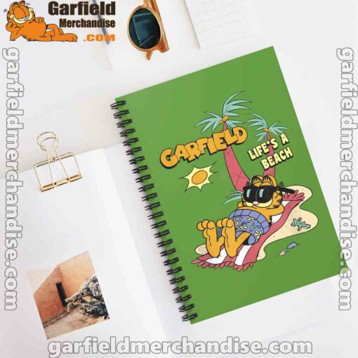 garfield lifes beach retro vintage tropical cat nap green notebook