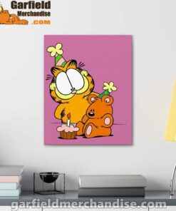 happy birthday garfield with small cake pink canvas