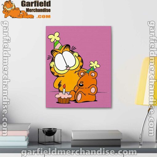 happy birthday garfield with small cake pink canvas