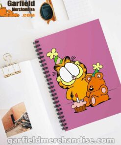 happy birthday garfield with small cake pink notebook