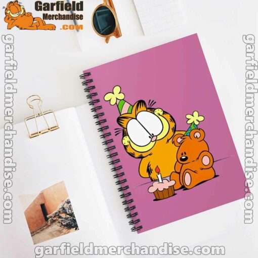 happy birthday garfield with small cake pink notebook