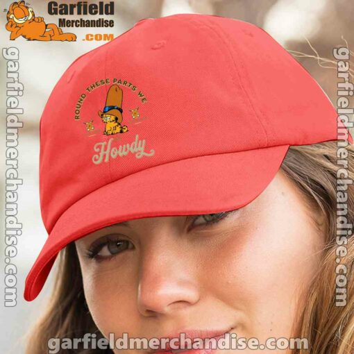 round these parts we love garfiel cowboy red hat