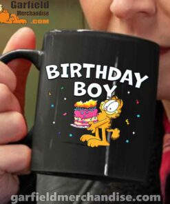 garfield birthday boy cake confetti celebration black coffee mug