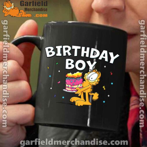 garfield birthday boy cake confetti celebration black coffee mug