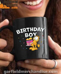 garfield birthday boy cake confetti celebration black mug