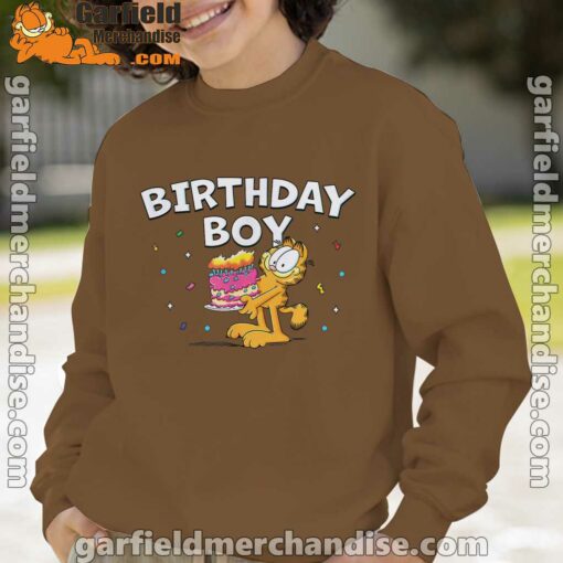 garfield birthday boy cake confetti celebration brown sweatshirt for youth boy