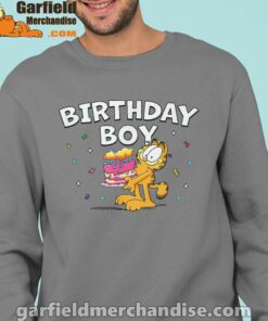 garfield birthday boy cake confetti celebration men gray sweatshirts