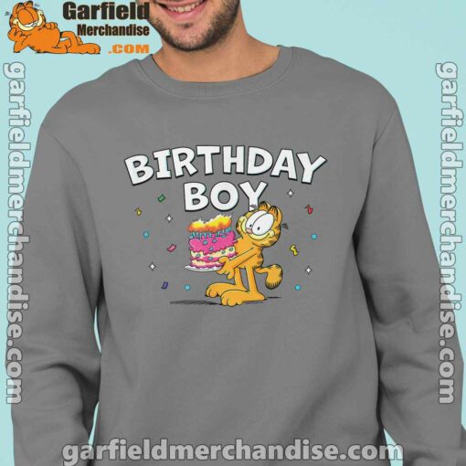 garfield birthday boy cake confetti celebration men gray sweatshirts