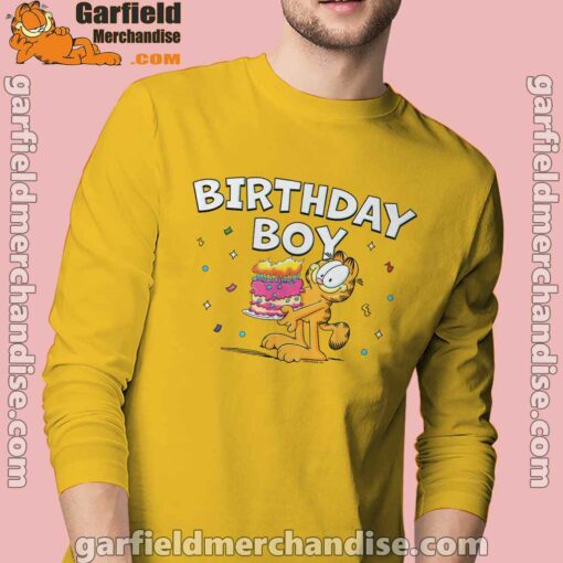 garfield birthday boy cake confetti celebration men's yellow long sleeve