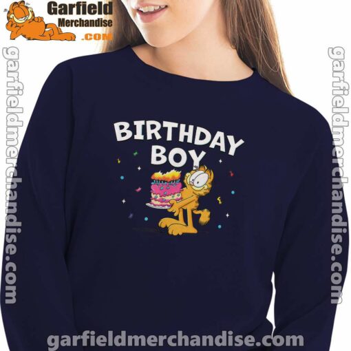 garfield birthday boy cake confetti celebration navy sweatshirt for women