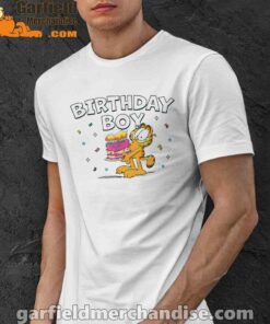 garfield birthday boy cake confetti celebration white men shirt