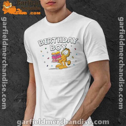 garfield birthday boy cake confetti celebration white men shirt