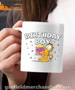 garfield birthday boy cake confetti celebration white mug